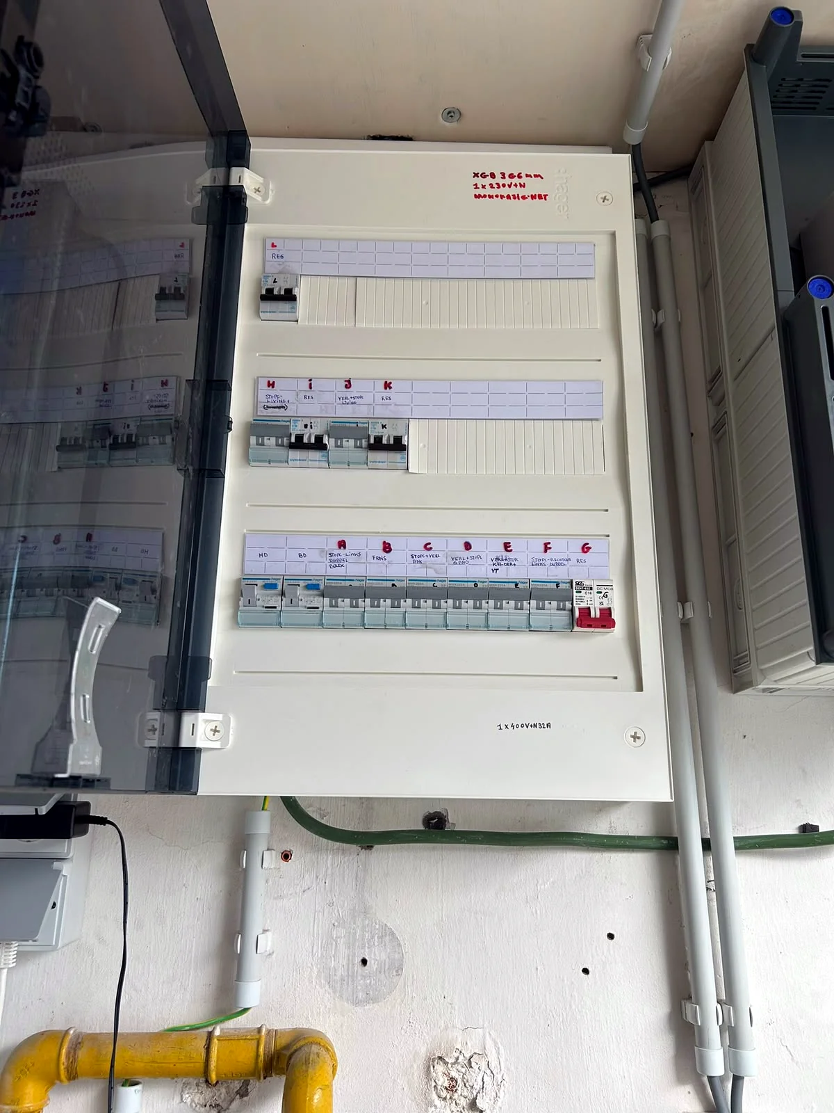 Nieuw verdeelbord met automaten en genummerde kringen in een woning